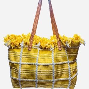 Yellow White Woven Boho Tote Beach Bag Fringe Snap Close